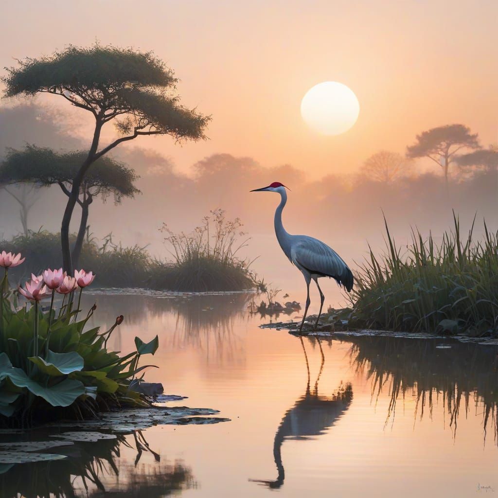 Ink and Sunrise: A Serene Crane at a Lotus Pond