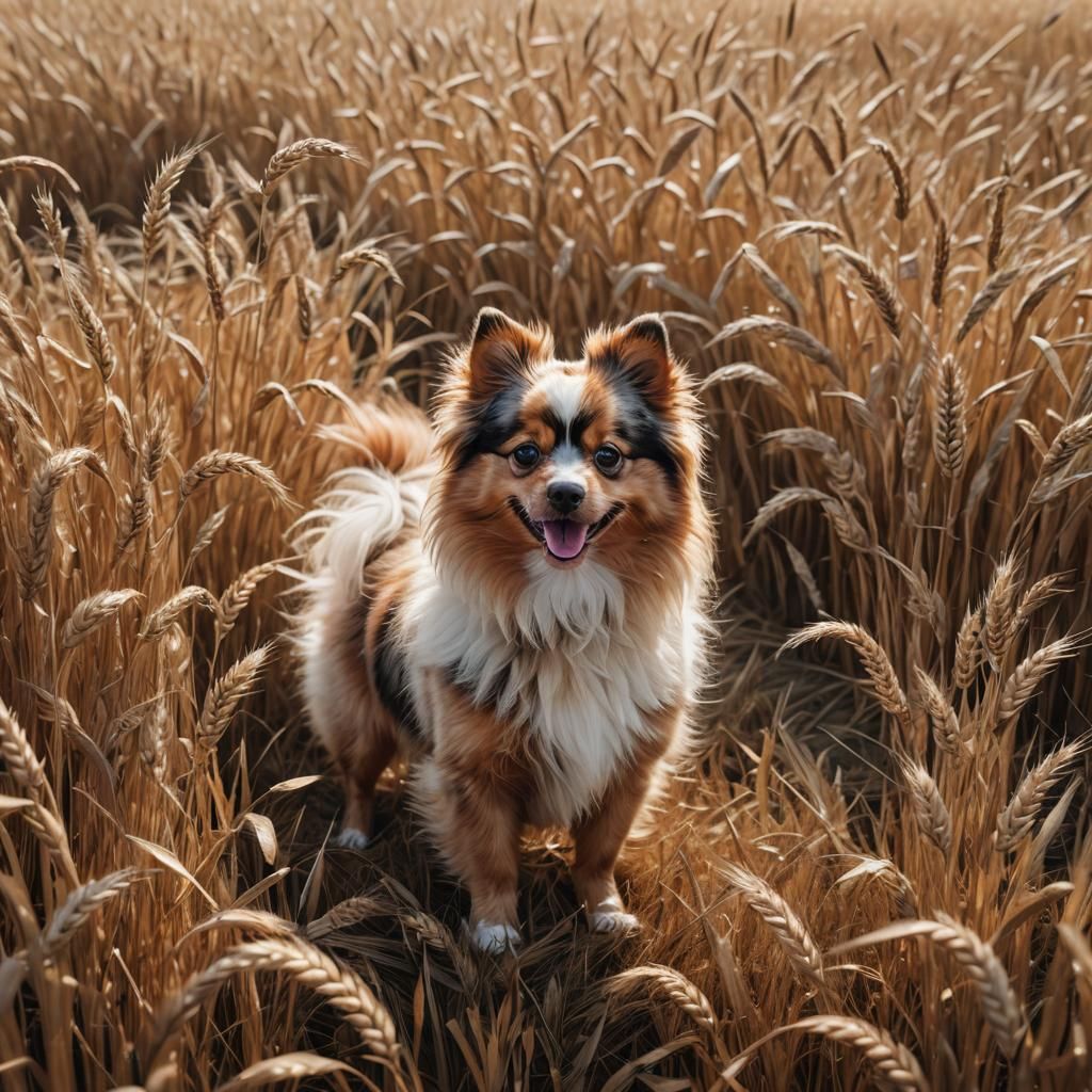 Red Merle Pomeranian in Golden Wheat Field