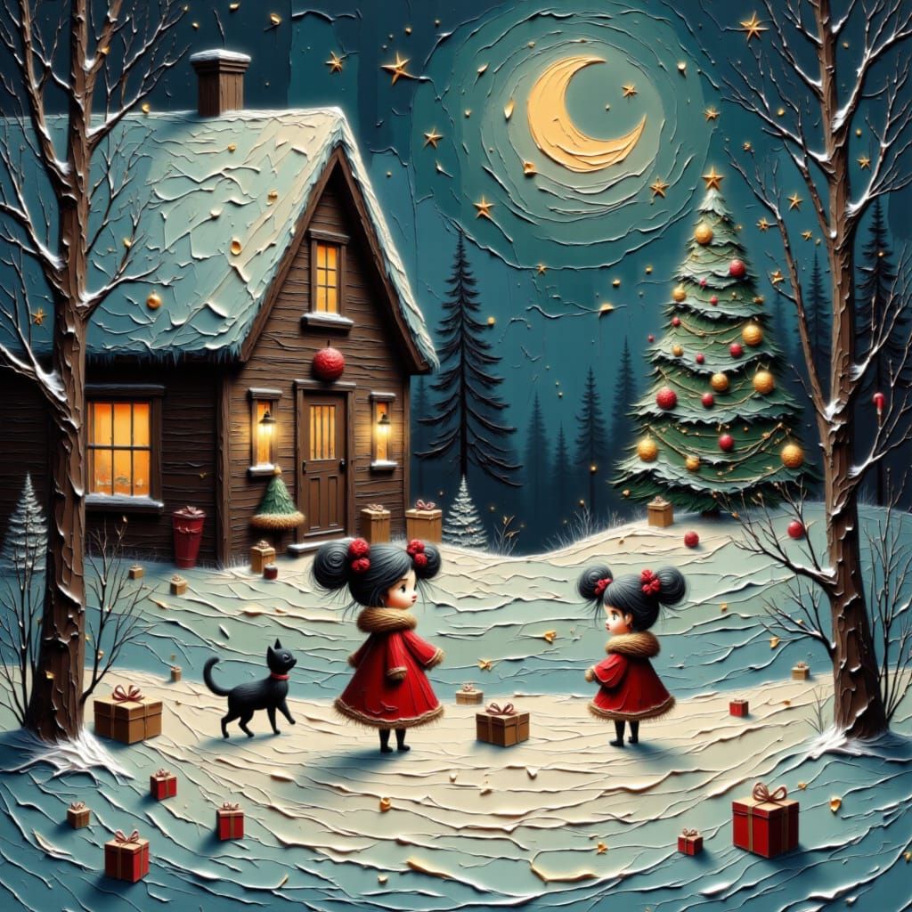 Children Play by Warm Cabin Light Under Full Moon