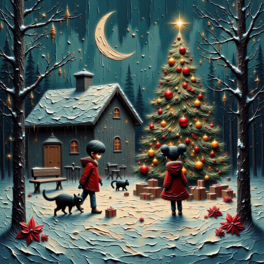 Children Playing by Christmas Cabin in Moonlit Snowy Woods