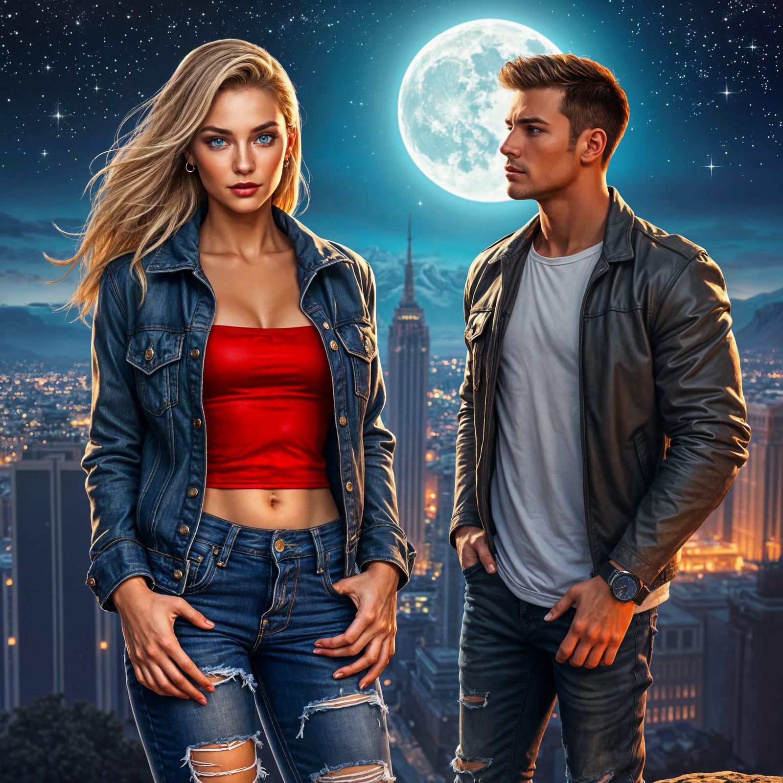 City View: Woman in Denim Jacket, Digital Art