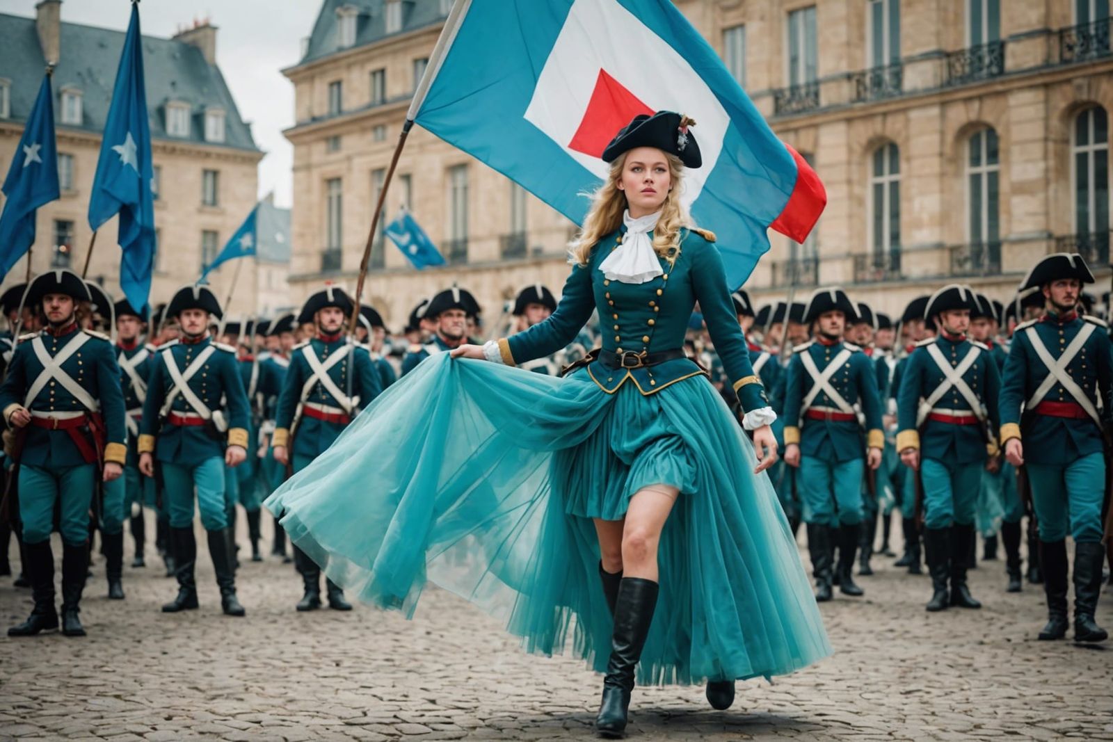 Revolutionary Blonde Woman in French Military Outfit