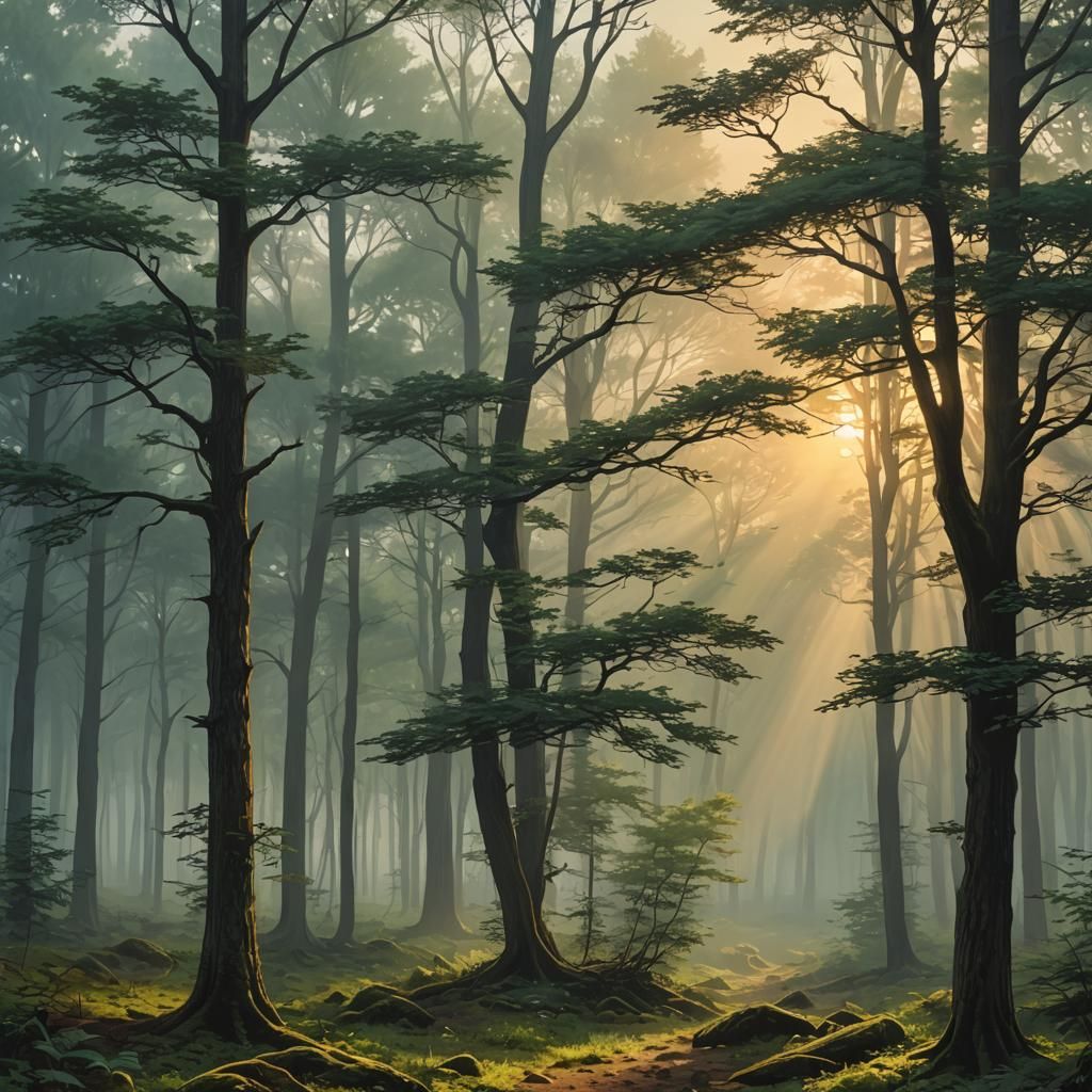 Forest Dawn Serenity: A Photorealistic Scene