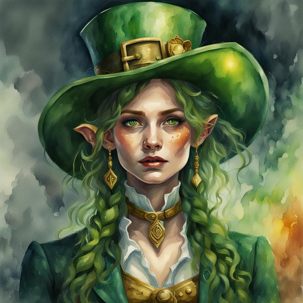 Watercolor Portrait of a Woman Leprechaun