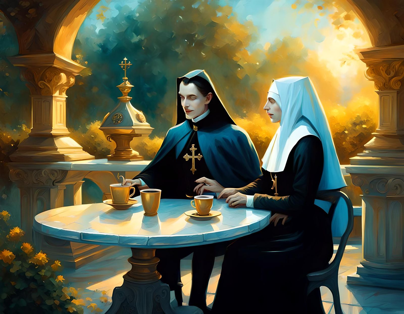 Dracula and Nun in Garden: Romantic Illustration