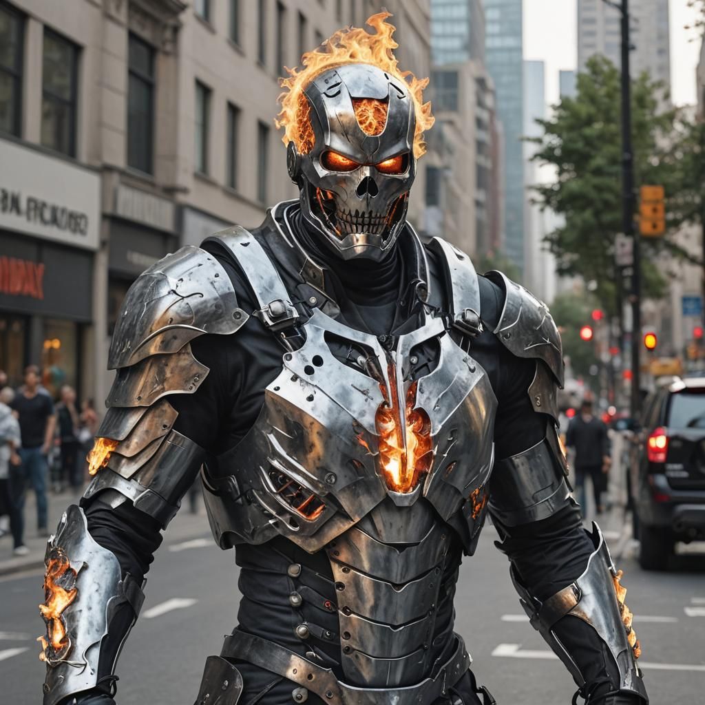 hyper realistic Ghost Rider in an armour Iron-Man style, liv...