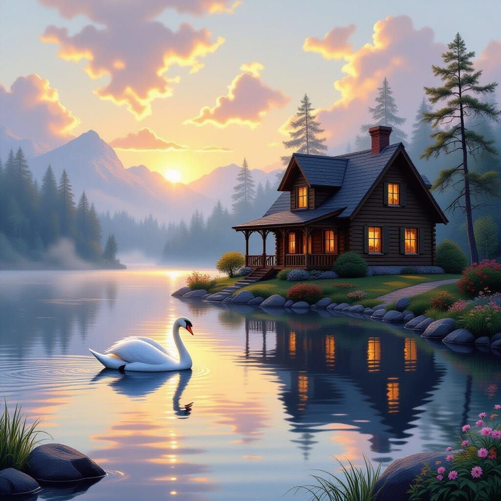 Serene Cabin at Dawn by Tranquil Lake with Swan