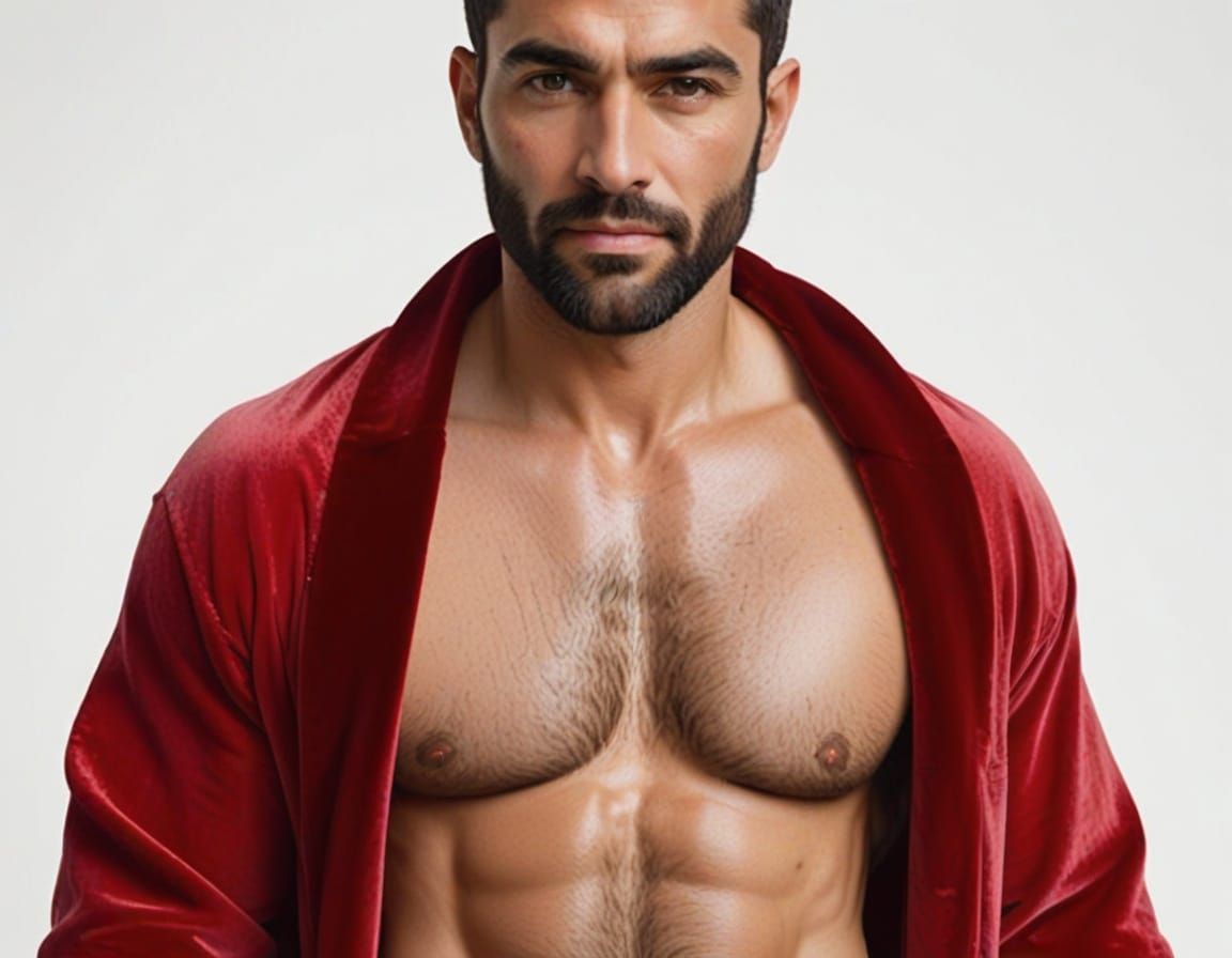 Handsome Hirsute Man in Velvet Robe, Gouache Style