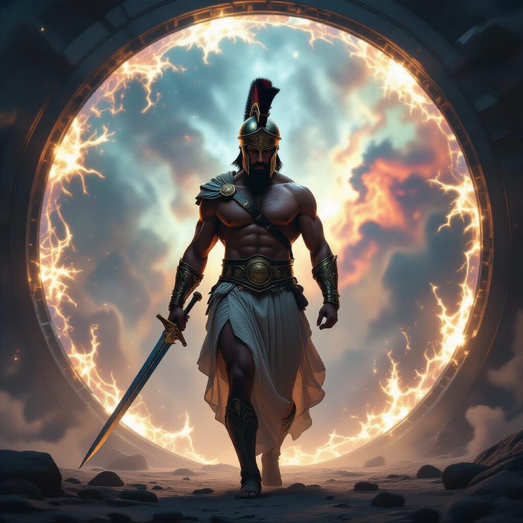 Greek Warrior Emerges from Cosmic Portal