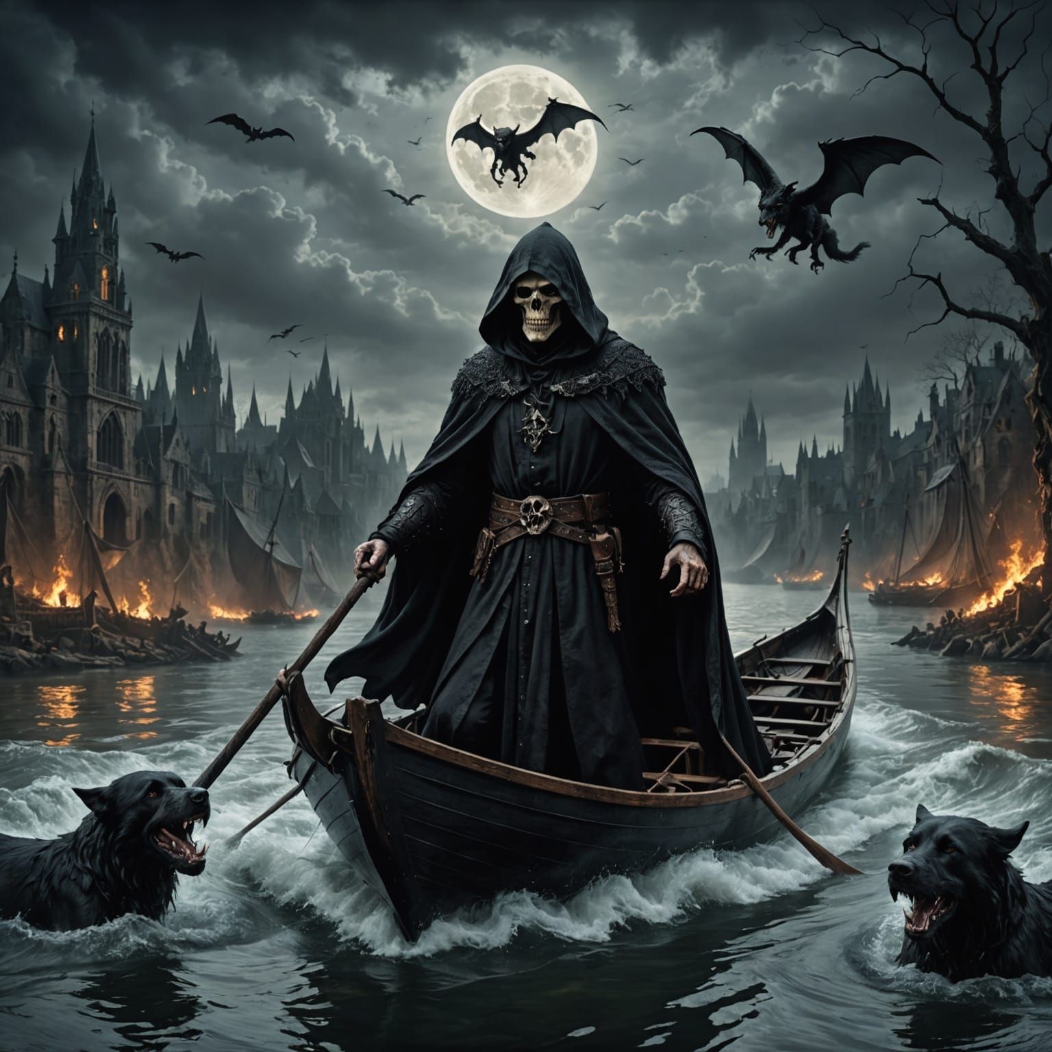 Mysterious Charon Sails Across the River Styx in Moonlit Dar...