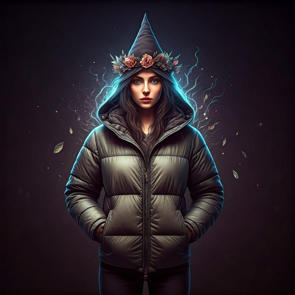 Whimsical Witch in Winter Jacket, Hyperrealistic Image