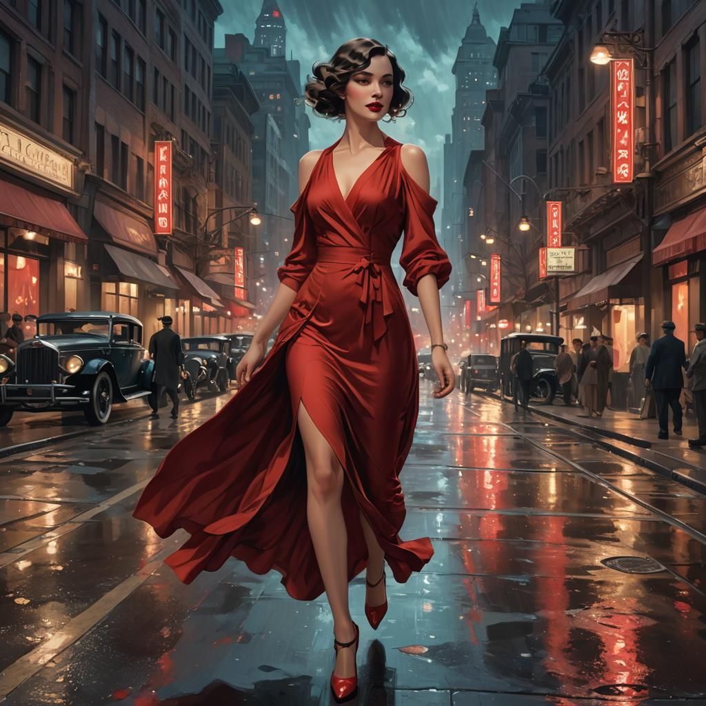 Glamorous Woman in Red Dress, 1920s Metropolis