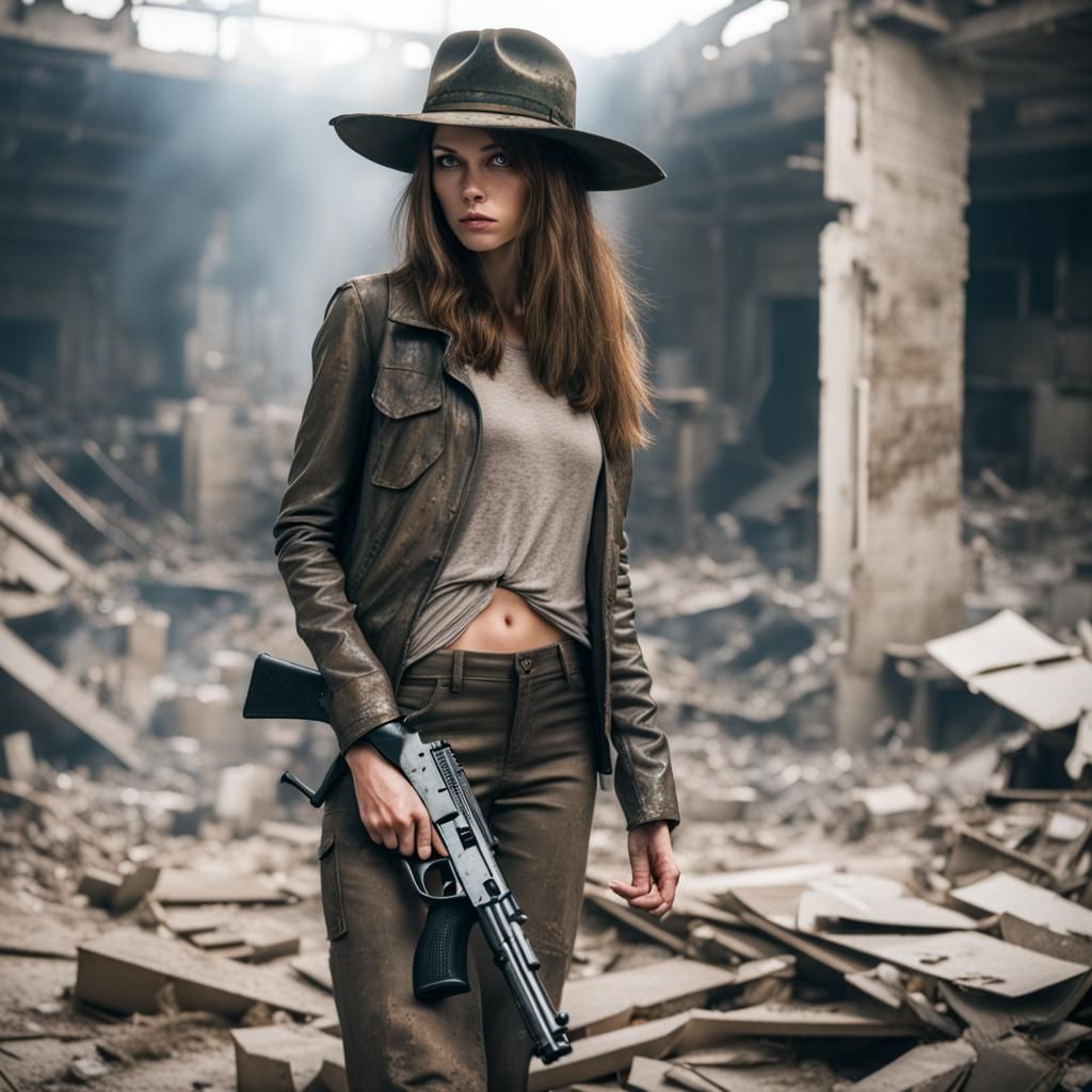 Apocalyptic Girl with Gun in Destroyed Building