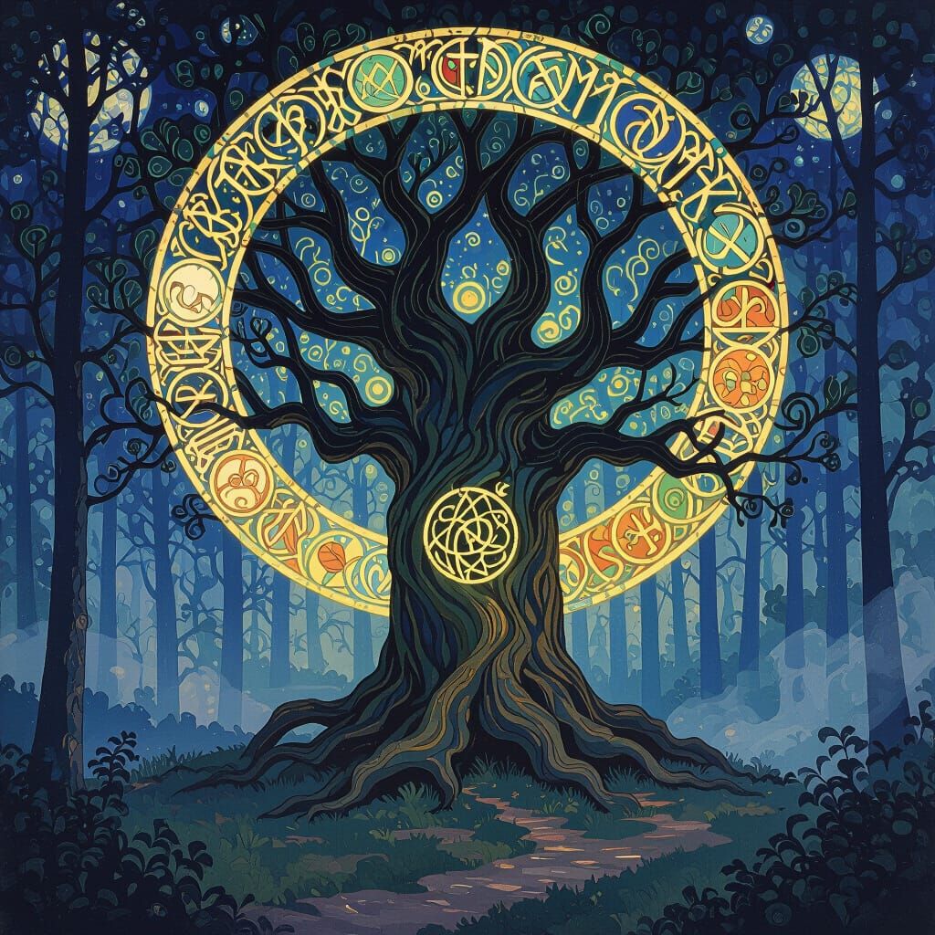 Mystical Glowing Runes on Ancient Tree in Forest