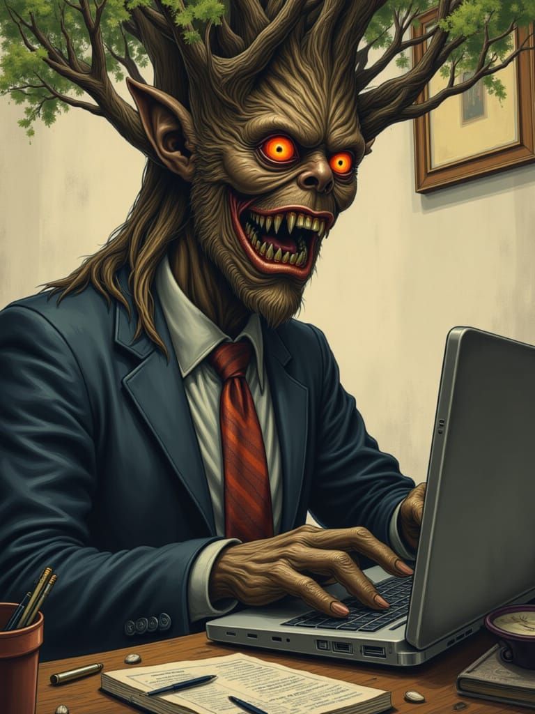 Giant Tree Person Works at Office Desk with Oversized Finger...