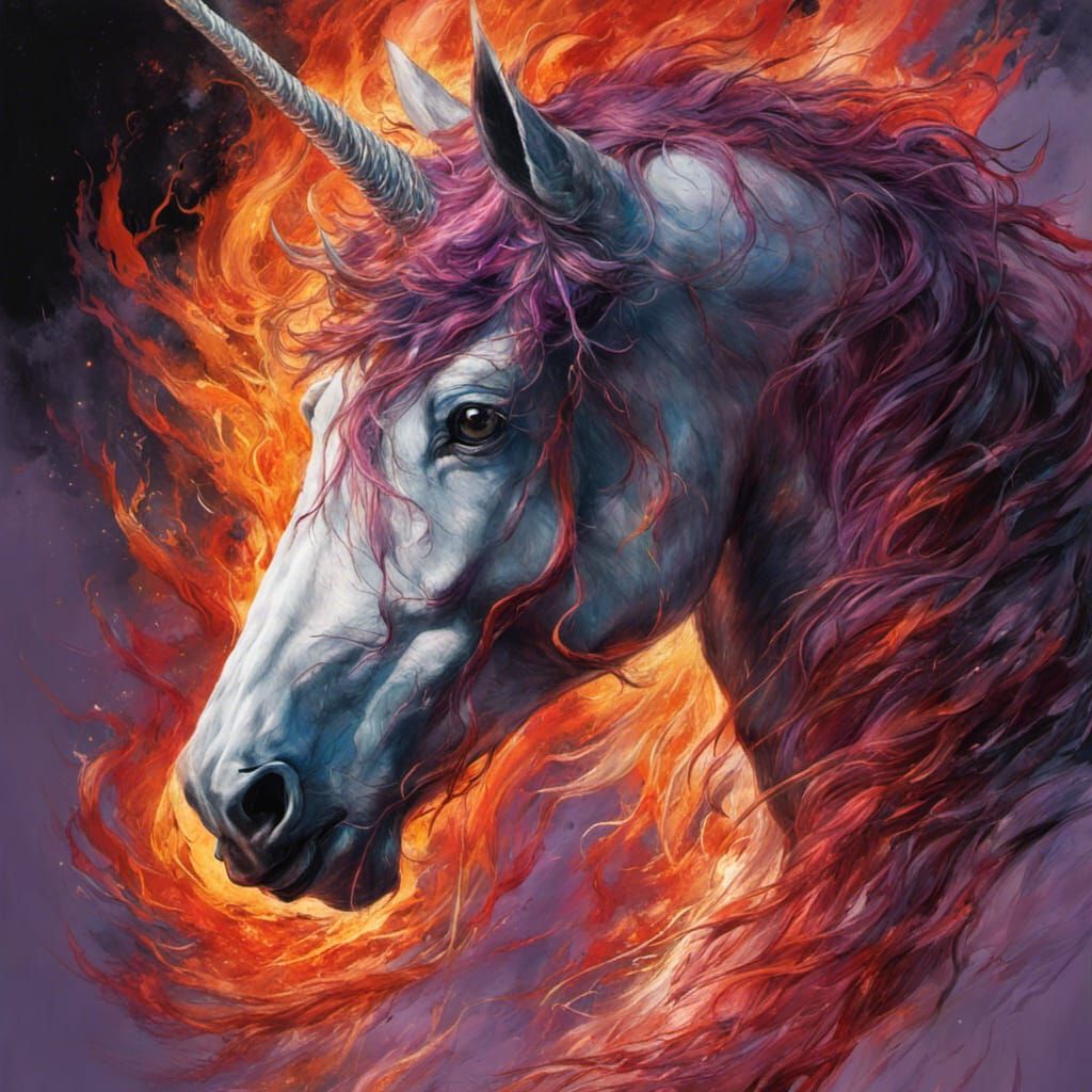 Flaming Unicorn Emerging from Fire, Acrylic Art Style