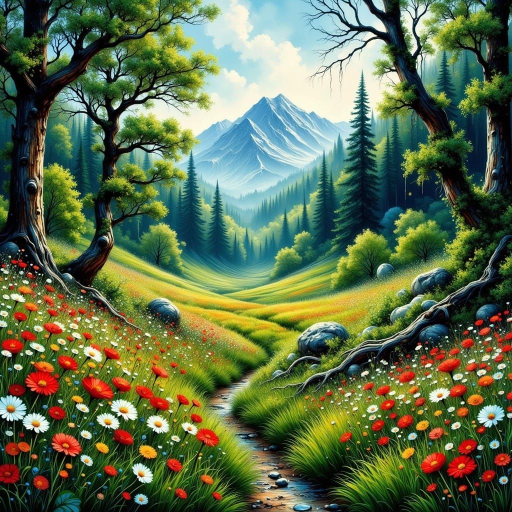 Lush Forest Valley with Wildflowers in Impasto Style