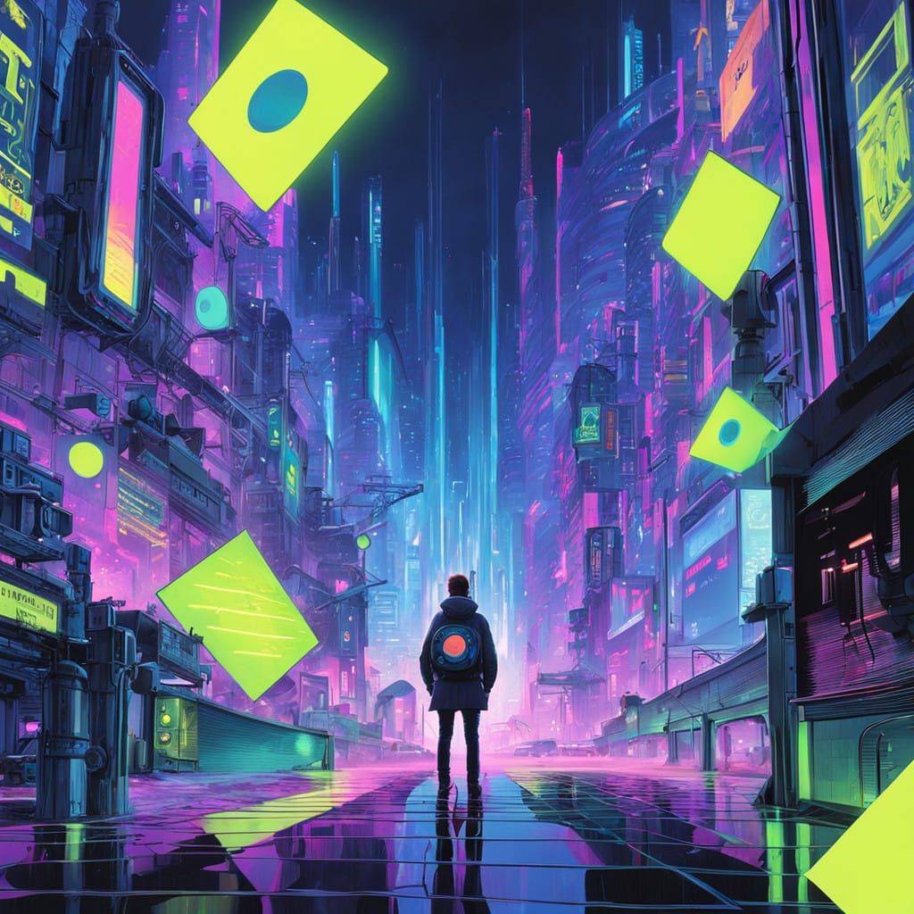 Glowing Vinyl Record in Neon Cyberpunk Style