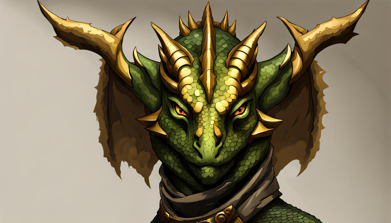 Golden Scaled Dragonborn with Green Eyes