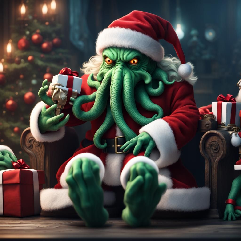 Cthulhu humanoid dressed like Santa Claus giving cute little Cthulhu plushies