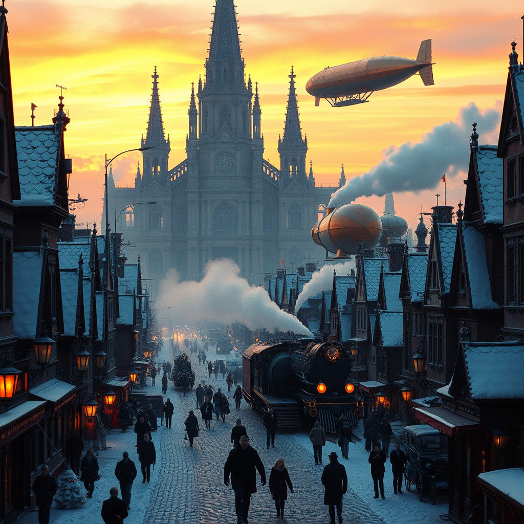 Steampunk Cathedral at Sunset in Ornate Cityscape