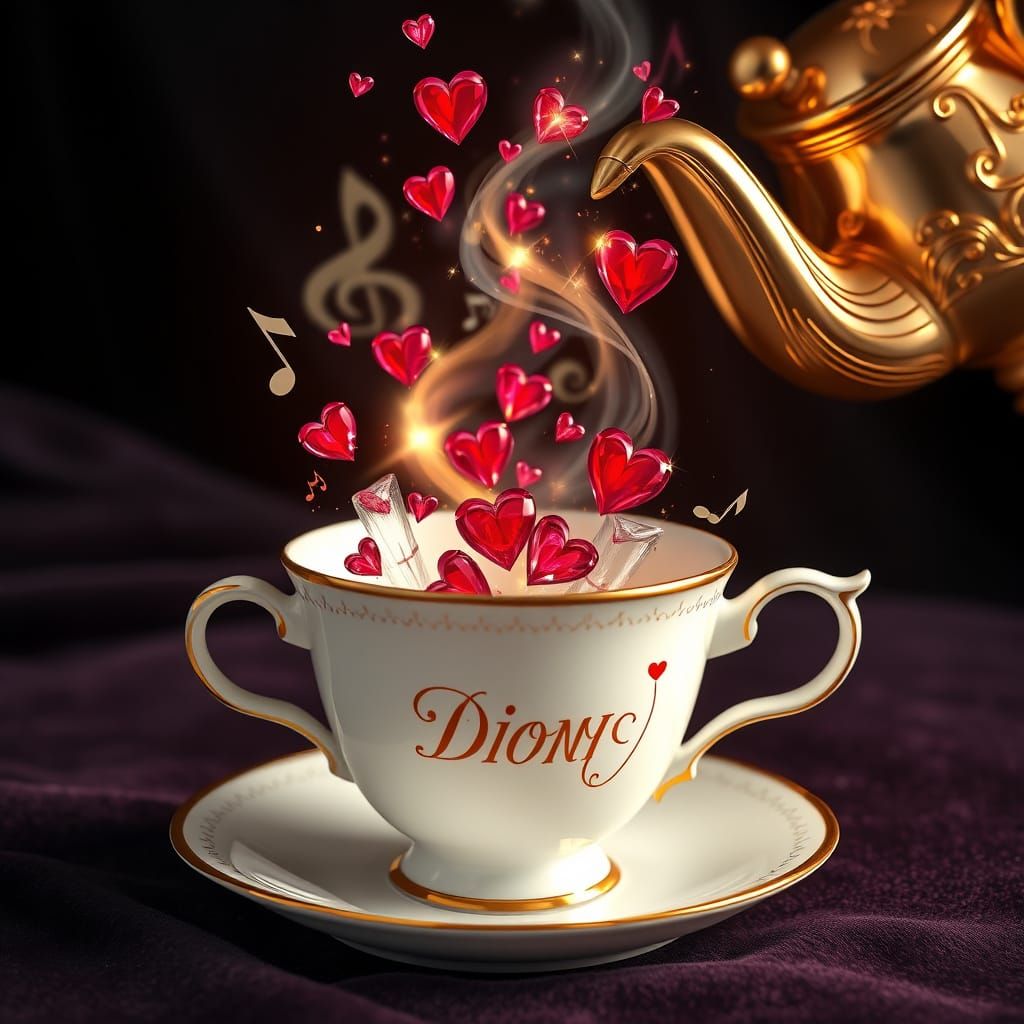 Magical Teacup Overflowing with Music Notes and Crystals