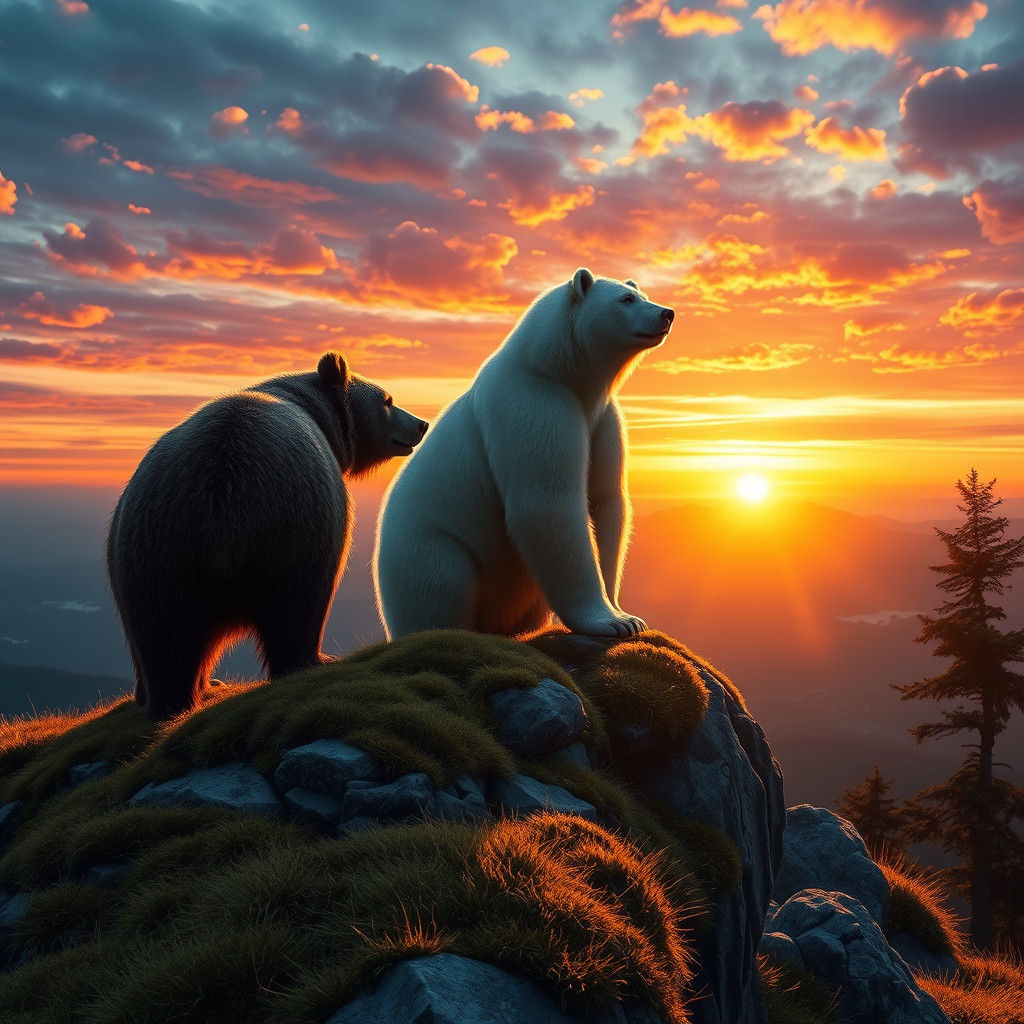 Majestic Bears Gaze at Sunrise in Hyperrealistic Style