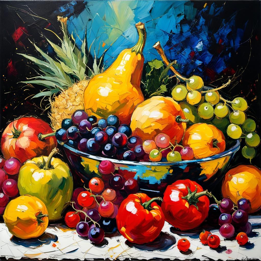 Still Life: Fruits and Vegetables in Encaustic Style