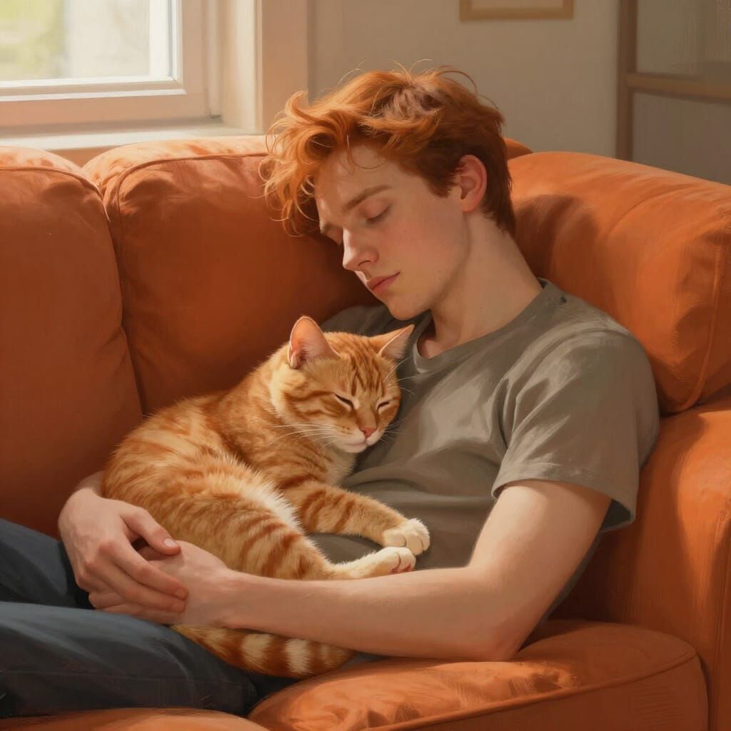 Cozy Cat Nap on Orange Couch: Man and Pet Relaxing
