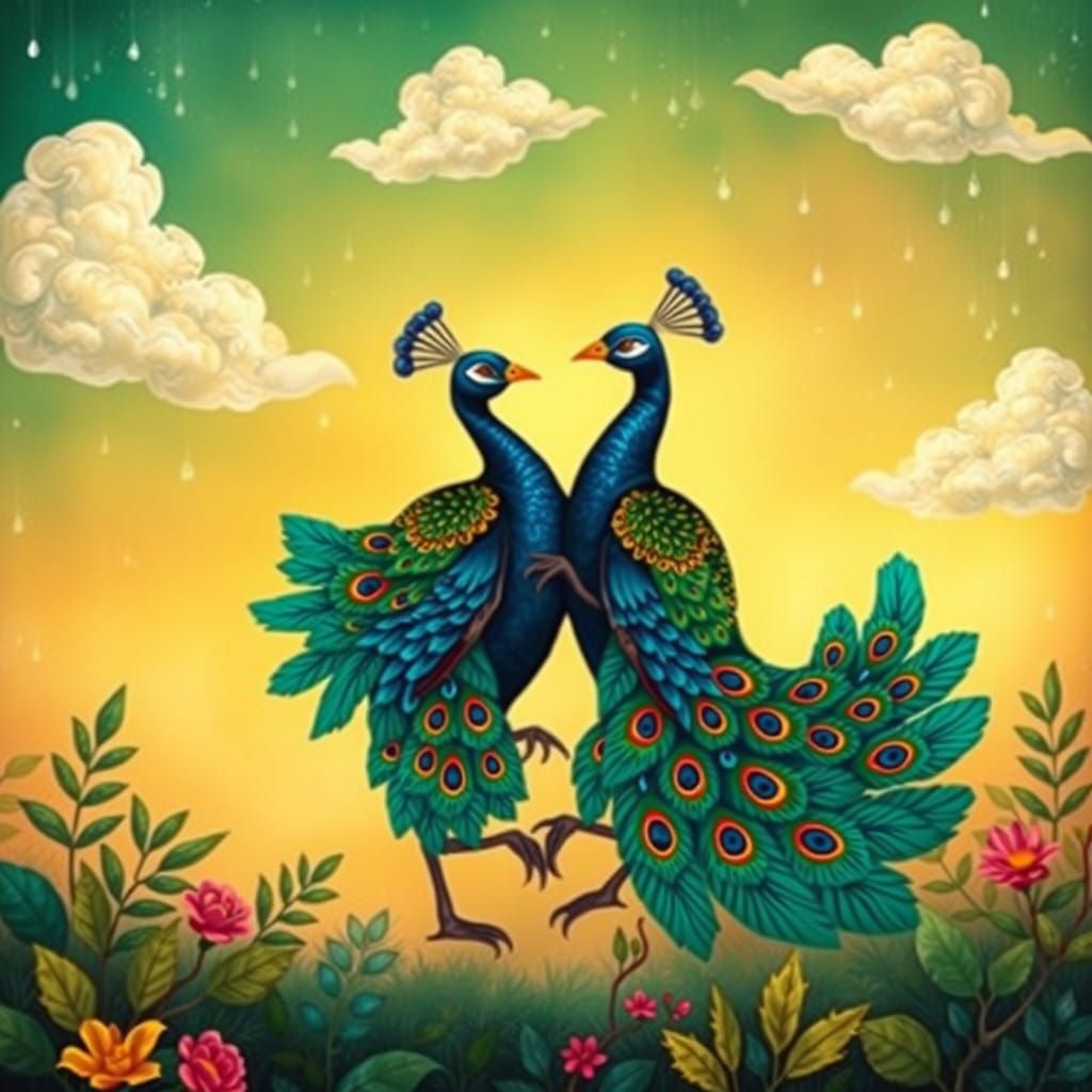 Whimsical Peacock Dance in Miniature Madhubani Style