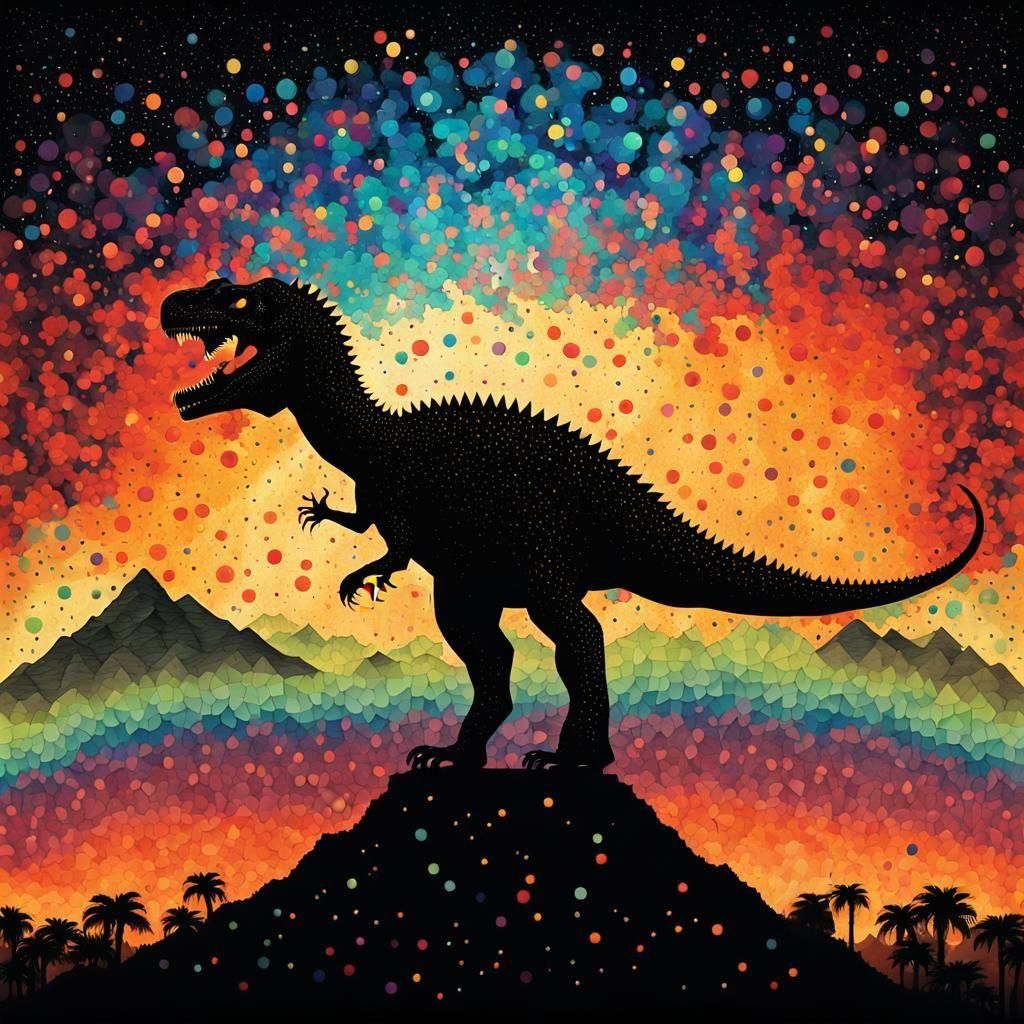 Dinosaur Silhouette in Mosaic Pointillism Style