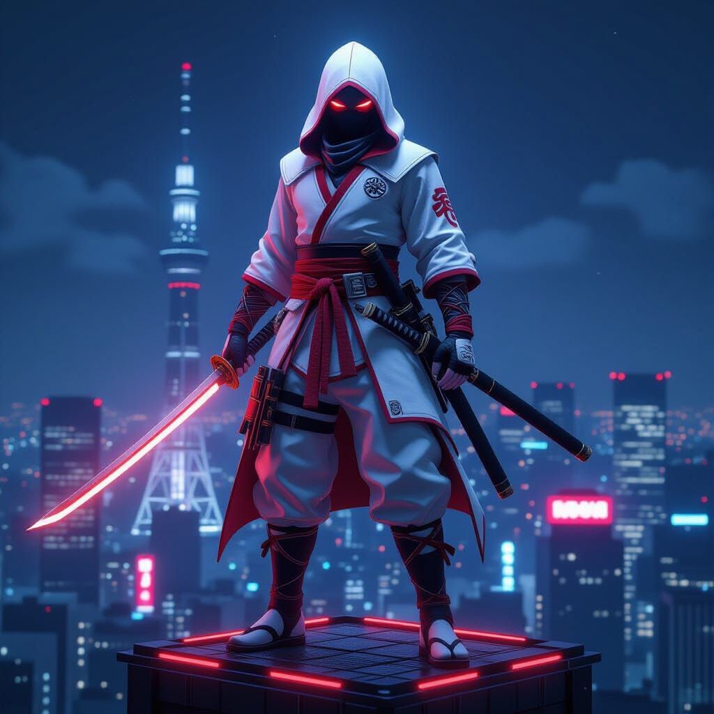 Ninja on Tokyo Skyscraper with Katana in 3D Anime Style