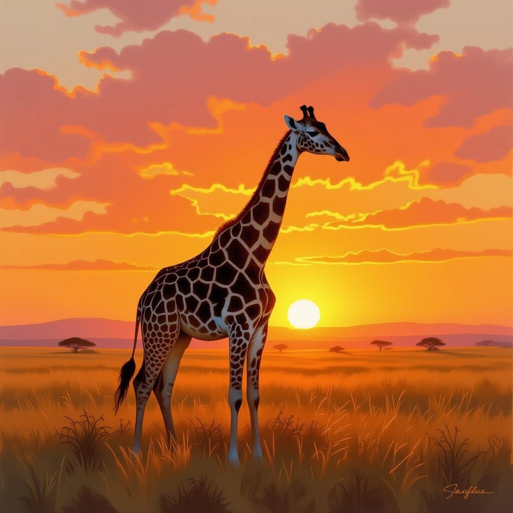 Giraffe Silhouette in Vivid Sunset Savanna - Encaustic Paint...
