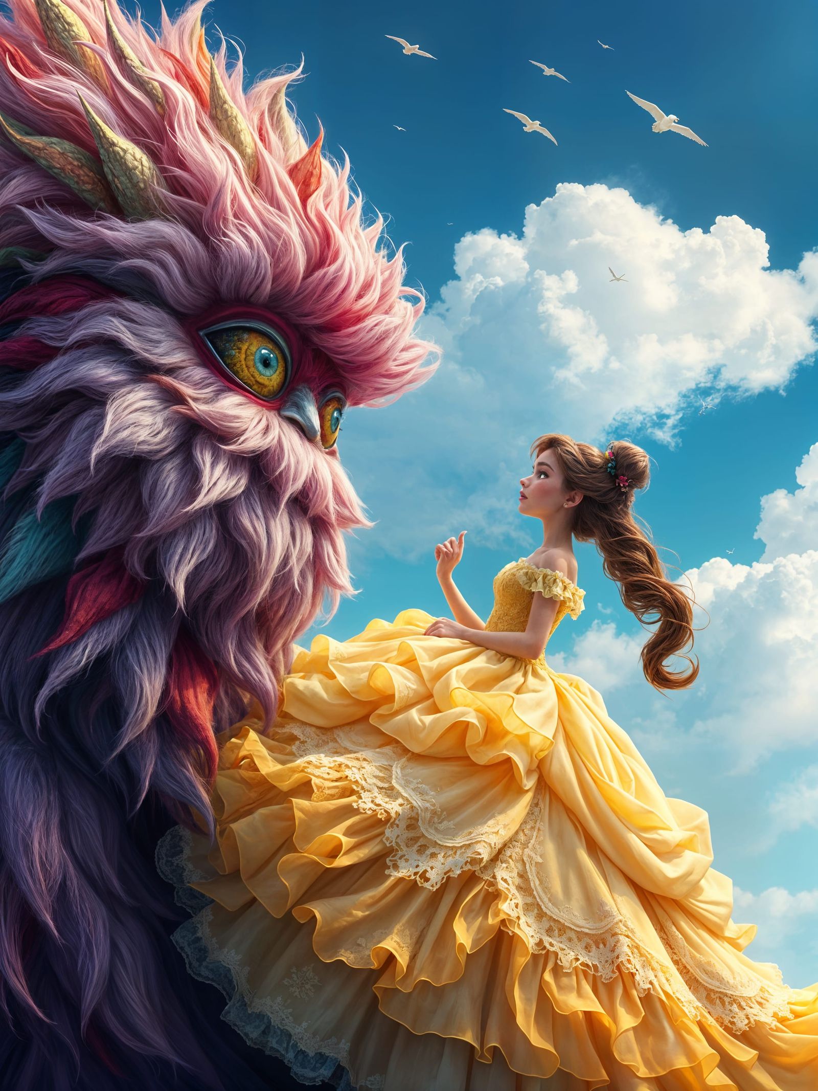 Surreal Whimsy: Princess Belle and Her Fluffy Companion