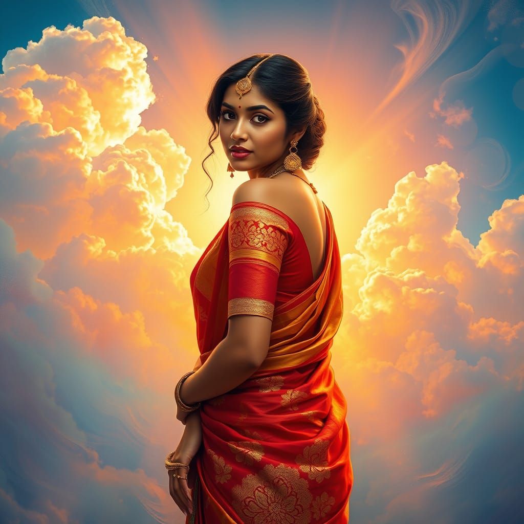 Indian Maiden Shines in Vibrant Saree Against Whimsical Clou...