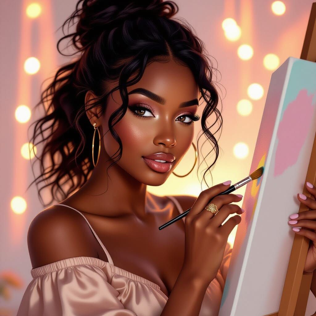 Black Woman Painting in Neon Pastel Studio