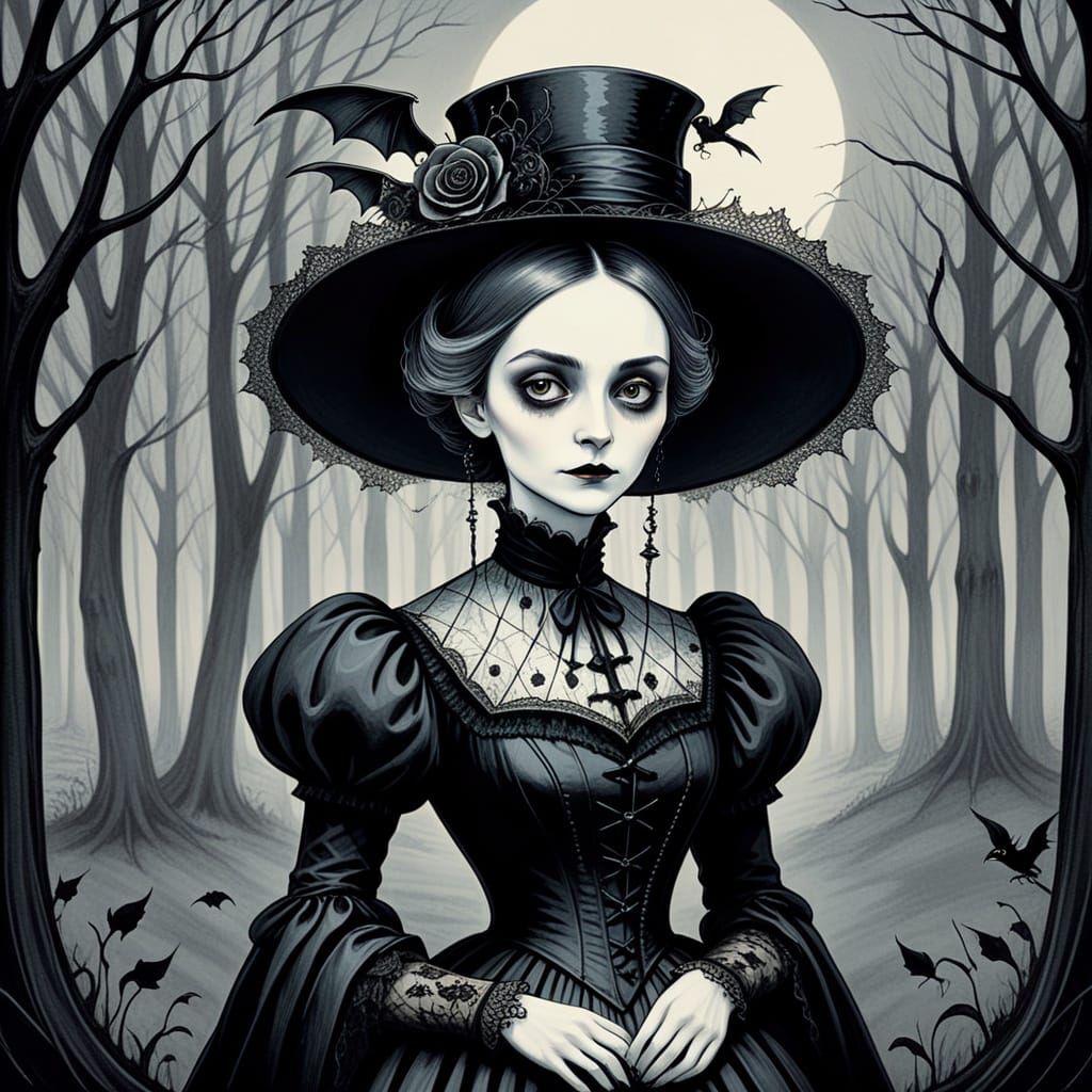 Gothic Victorian Lady Portrait in Pen and Ink Style