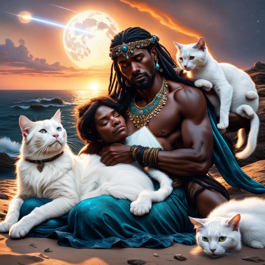 Romantic Sunset Scene with Cats, Meteors and Neptune