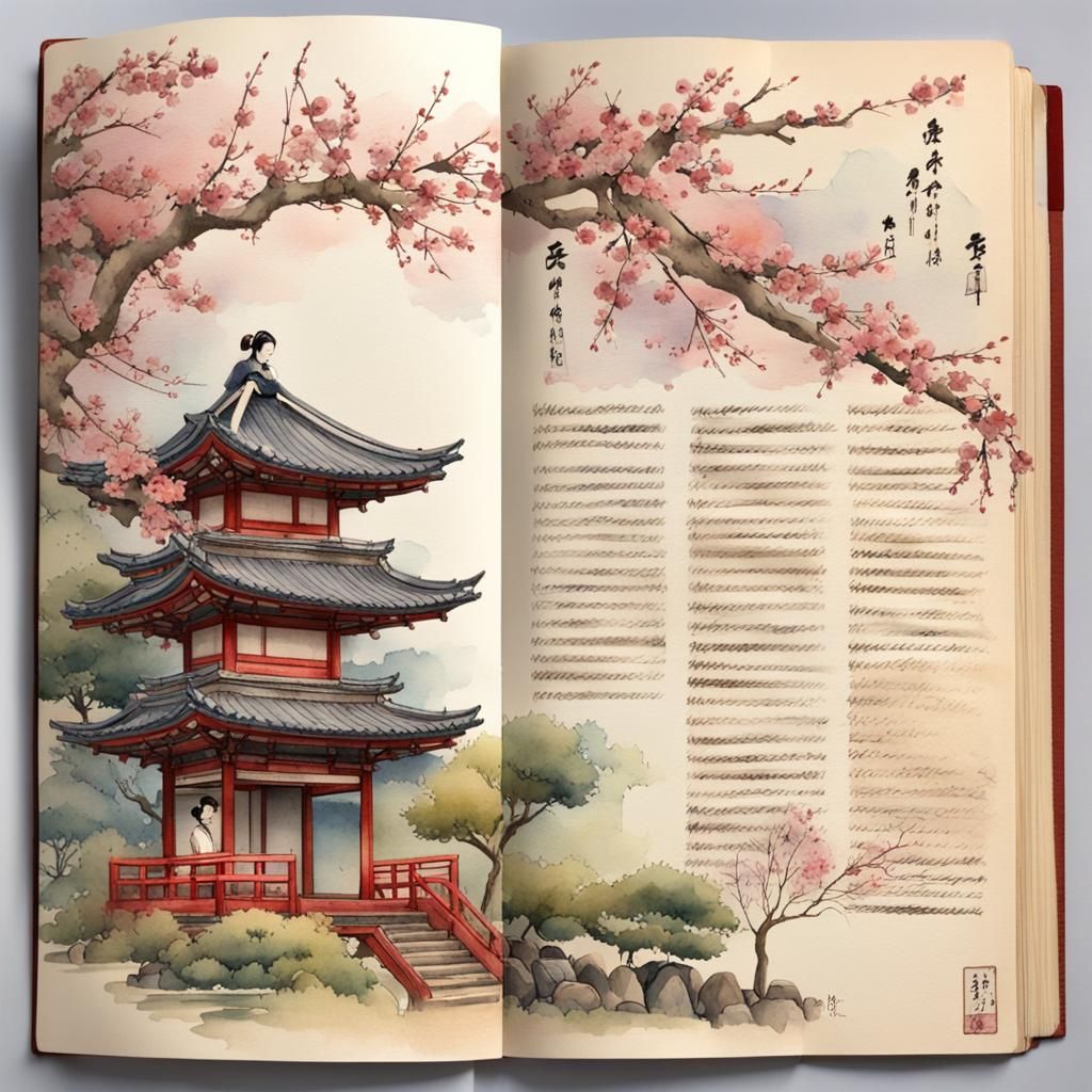 Japanese Garden with Geisha in Watercolor Style