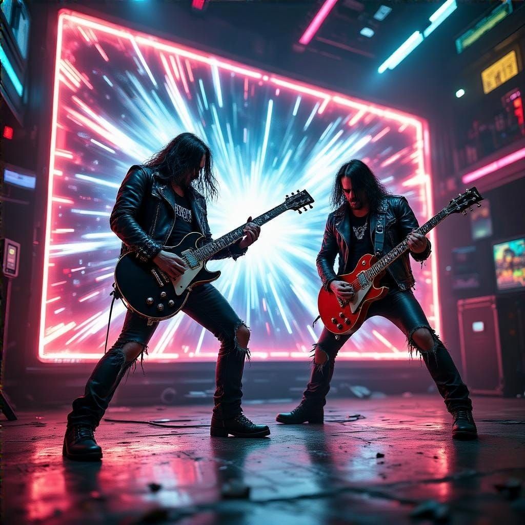 Heavy Metal Guitarists Shred Inside Neon Plasma Screen