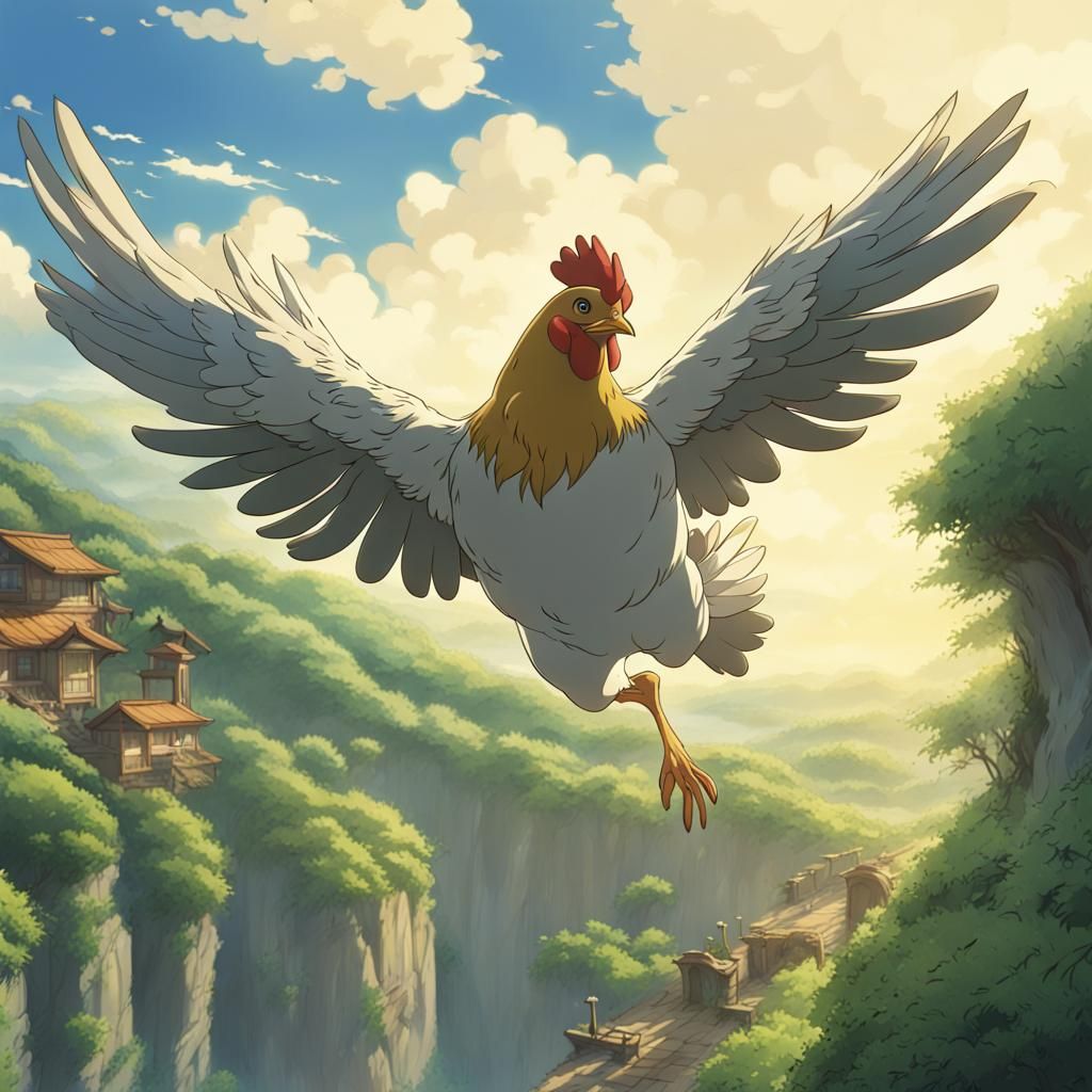 Chicken Flying in Ghibli Anime Style