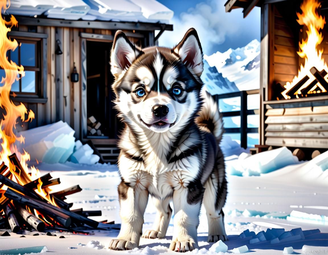 Husky Puppy at Antarctic Station: Whimsical Art