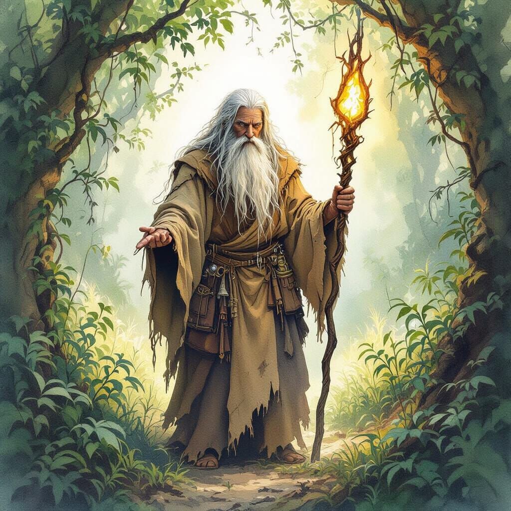 Mysterious Hermit in Hidden Glade: Watercolour Art