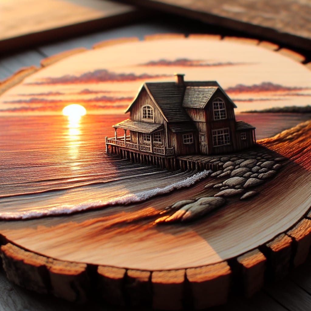 Quaint Beach House Sunset Painting on Wood