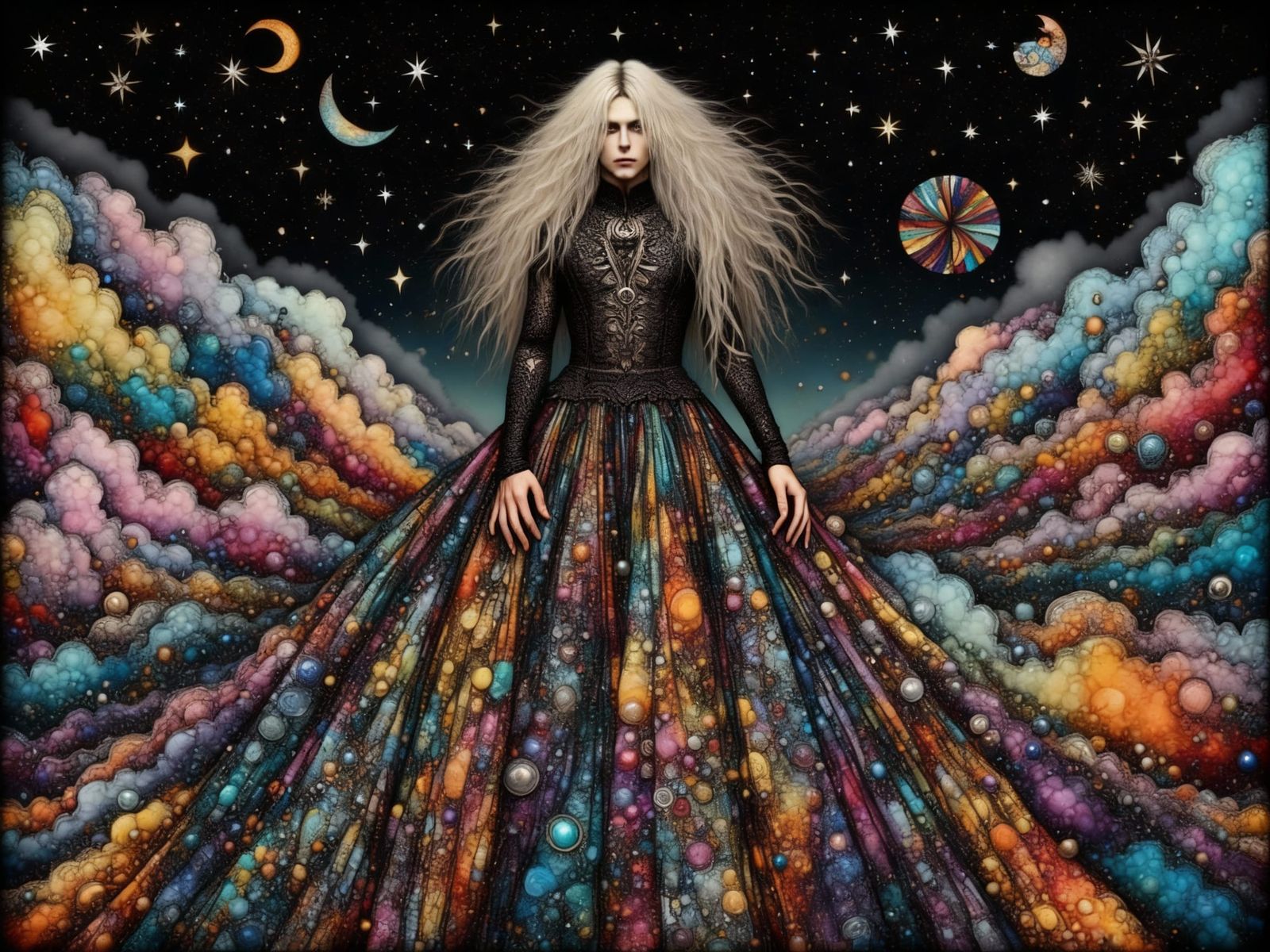 Goth Man in Cosmic Gown with Geometric Patterns