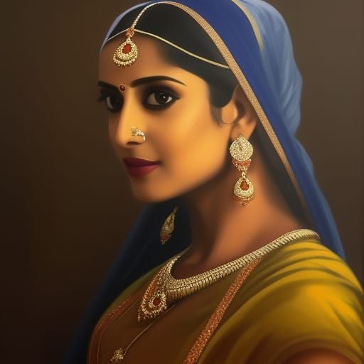 Desi Woman with Pearl Earrings in Vermeer Style