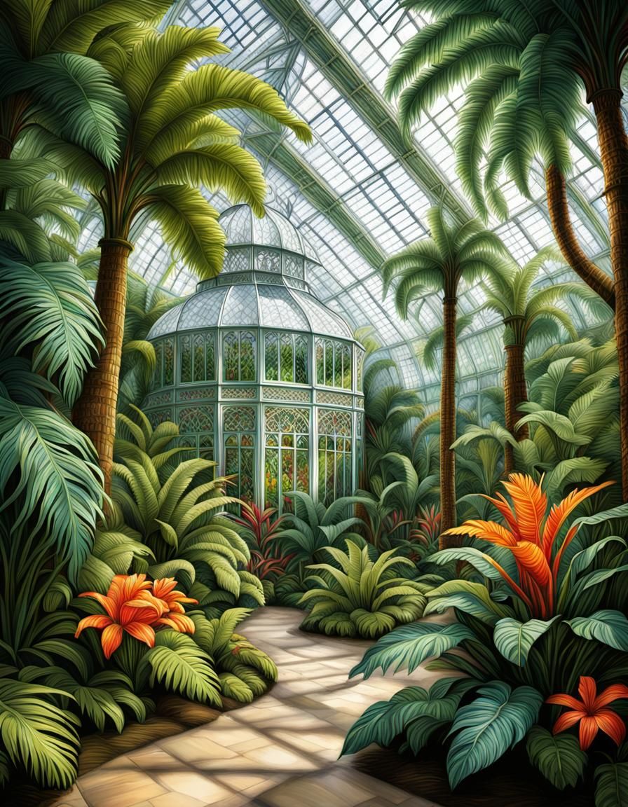 Lush Palm House Interior: Art Nouveau Architectural Illustra...