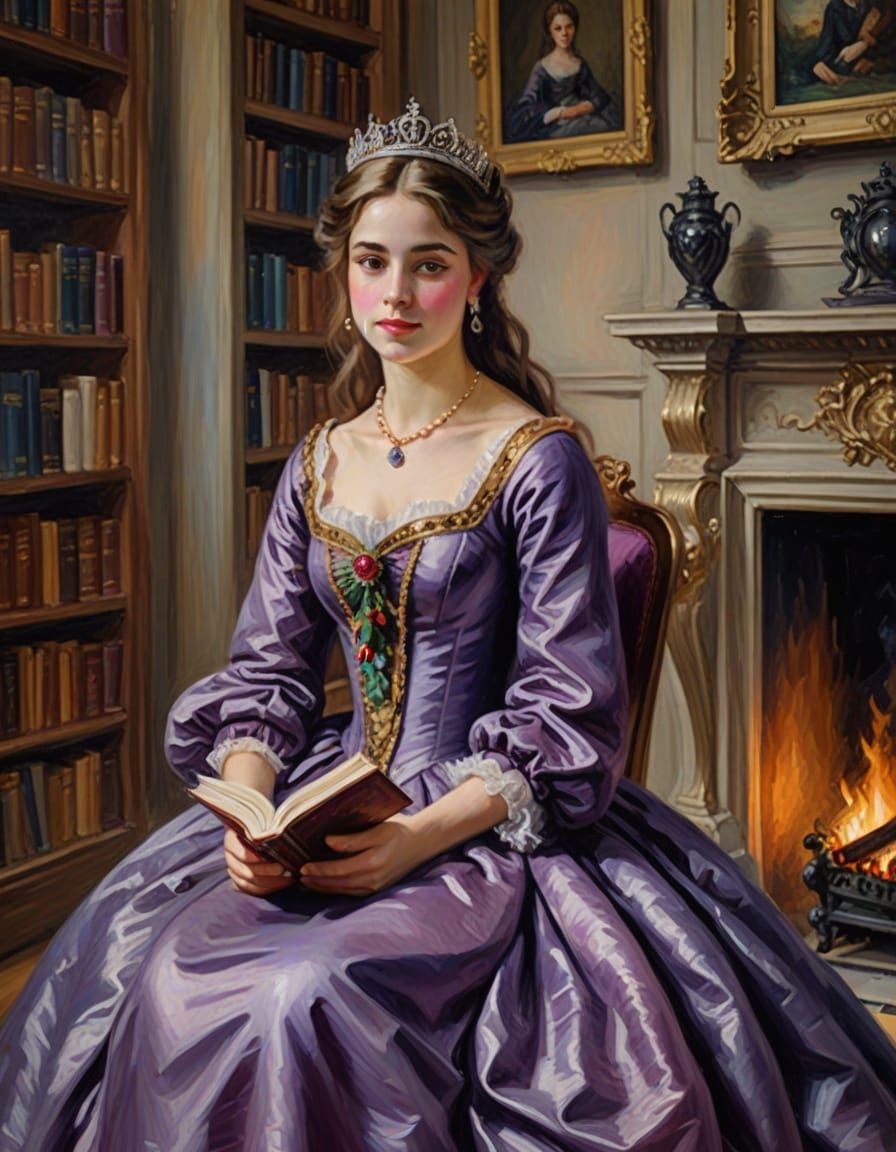 Elegant Princess by the Palace Fireplace in Oil on Canvas