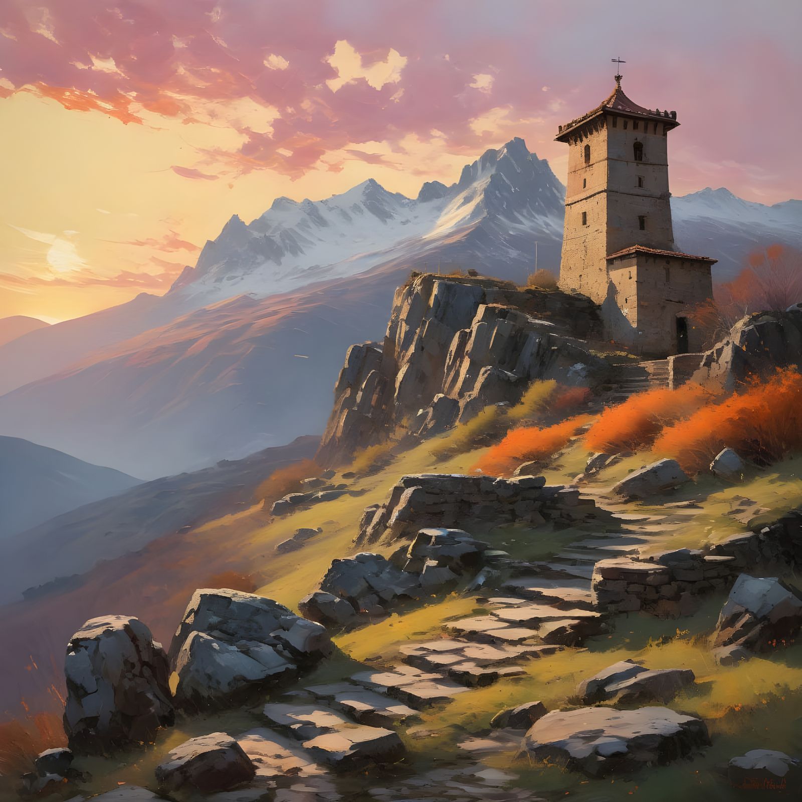 Medieval Watchtower in Snowy Mountain Landscape at Sunset