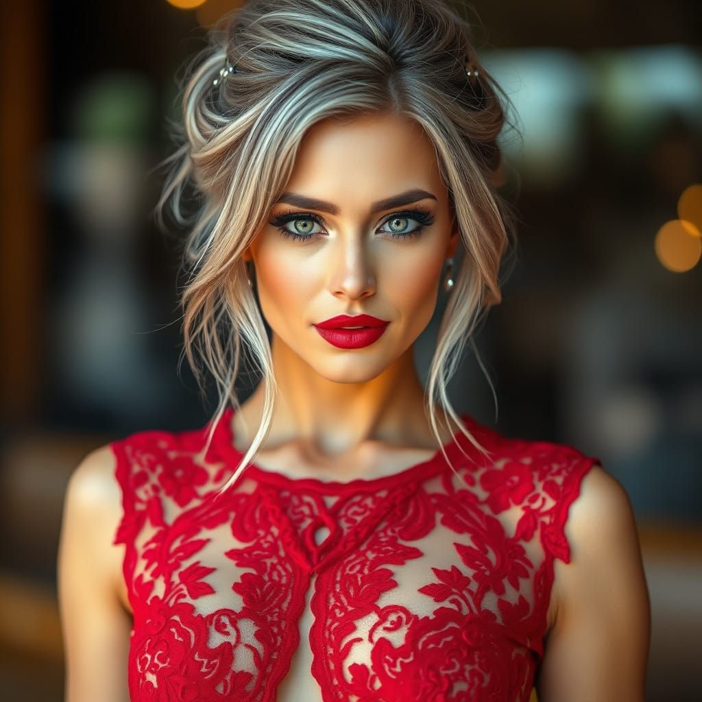 Elegant Woman in Luxurious Red Lace Dress with Grey Hair